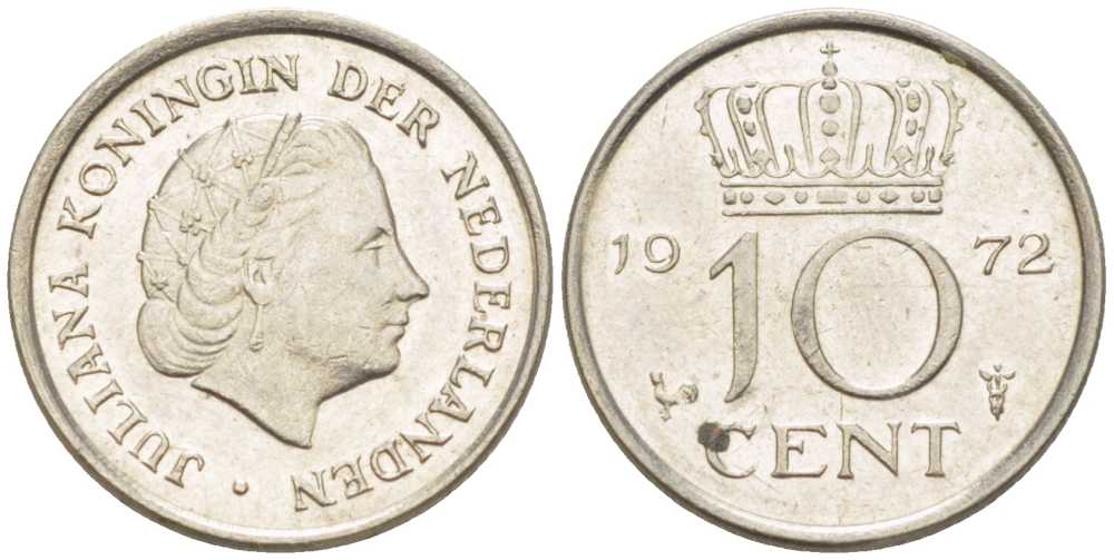 Нидерланды 10 центов 1972 Юлиана (1948-1980) KM 182 никель 214-1259
