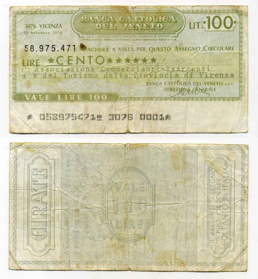 Италия чек на 100 лир 1976 Banca cattolica del veneto, ассоциация торговцев участников и туризма провинции vicenza, 20 ноября 1976 бумага 8588-16-2-1