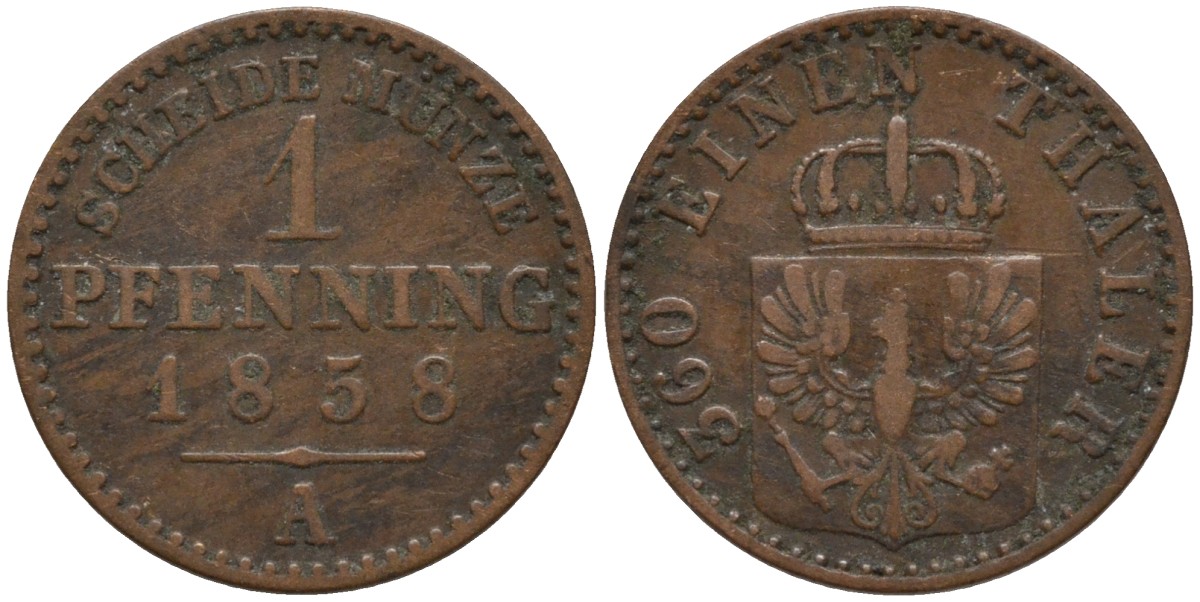 Пруссия 1 пфенниг 1858 A, Фридрих Вильгельм IV (1840-1861) KM 451 медь 4532-331