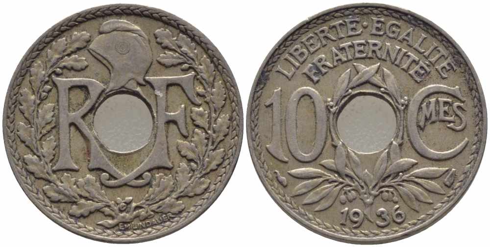 ФРАНЦИЯ 10 САНТИМОВ 1936 ТИП ЛИНДАЙЁ KM 866а, LE FRANC 138.23 медно-никель 108-227