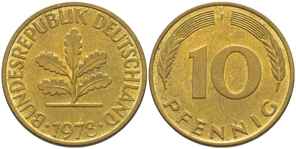 ФРГ 10 ПФЕННИГОВ 1978 F KM 108, J. 383 сталь плакированная латунью 175-743