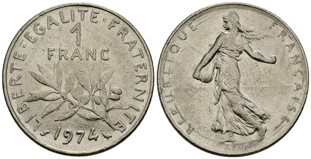 Франция 1 франк 1974 сеятель KM 925 никель 4135-841