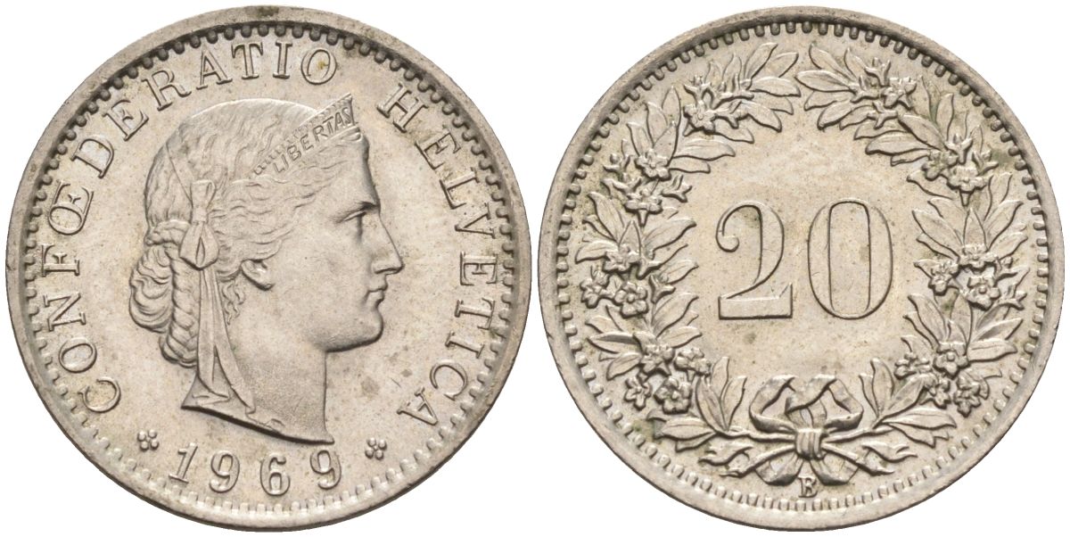 Швейцария 20 раппенов 1969 В KM 29а медно-никель 4592-921