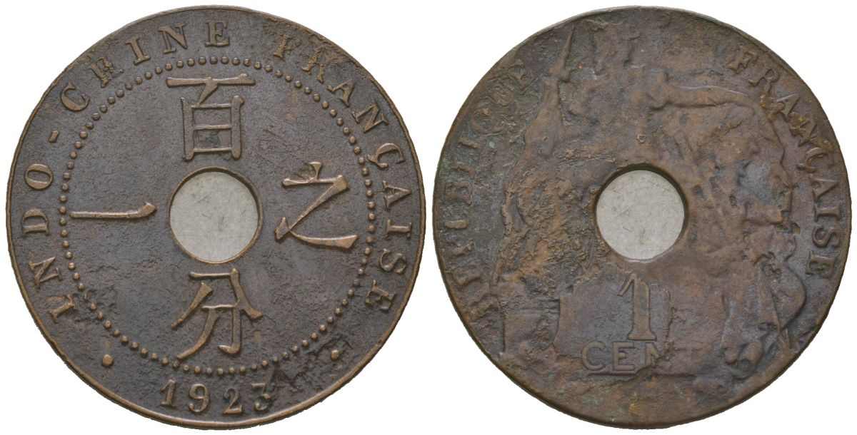 Французский Индокитай 1 сантим 1923 KM 12 бронза 106-143