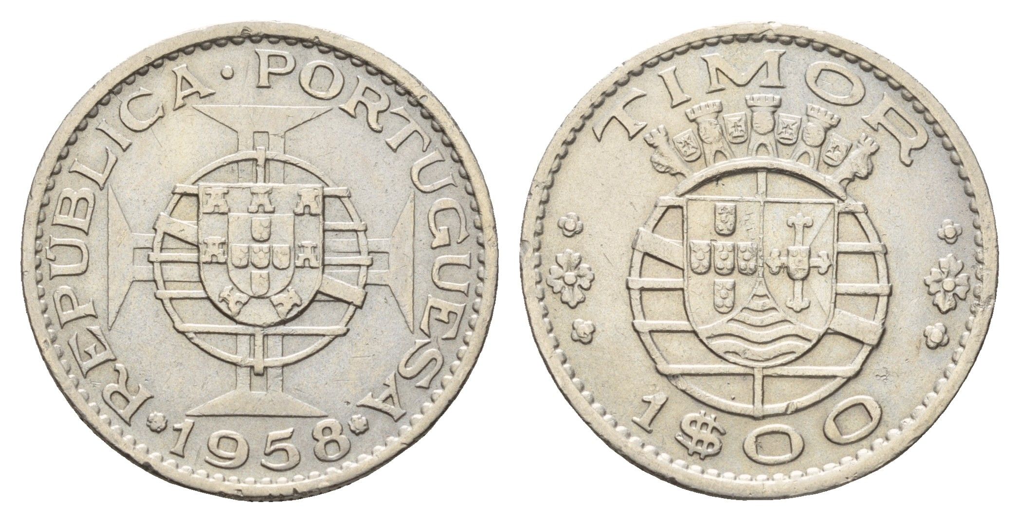 Португальский Тимор 1 эскудо 1958 год-тип KM 13 медь цинк никель 4671-752