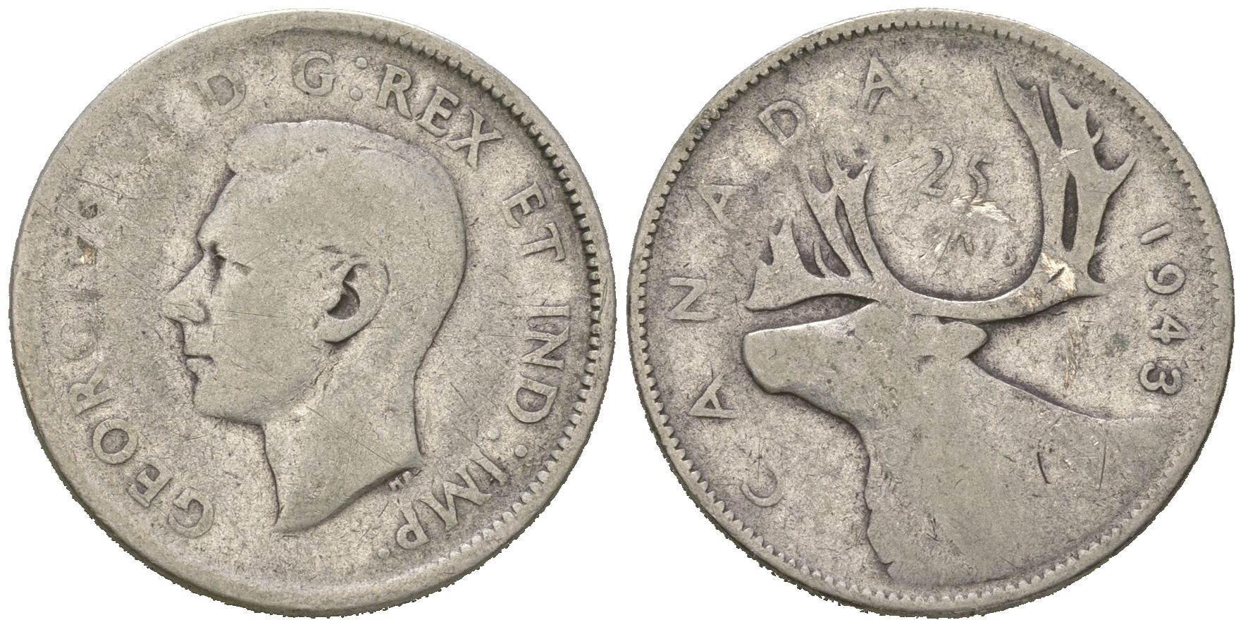 Канада 25 центов 1943 Георг VI (1936-1952), олень KM 35 серебро 4620-336