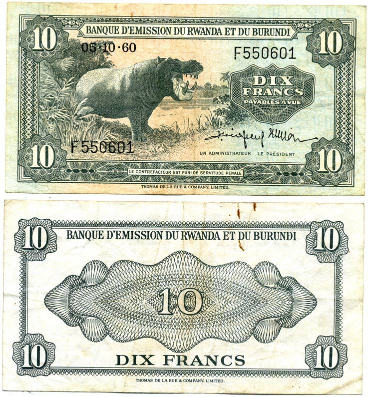 РУАНДА И БУРУНДИ 10 ФРАНКОВ 1960 3 ОКТЯБРЯ 1960, БЕГЕМОТ, TDLR Pick 2 бумага 000-00-00