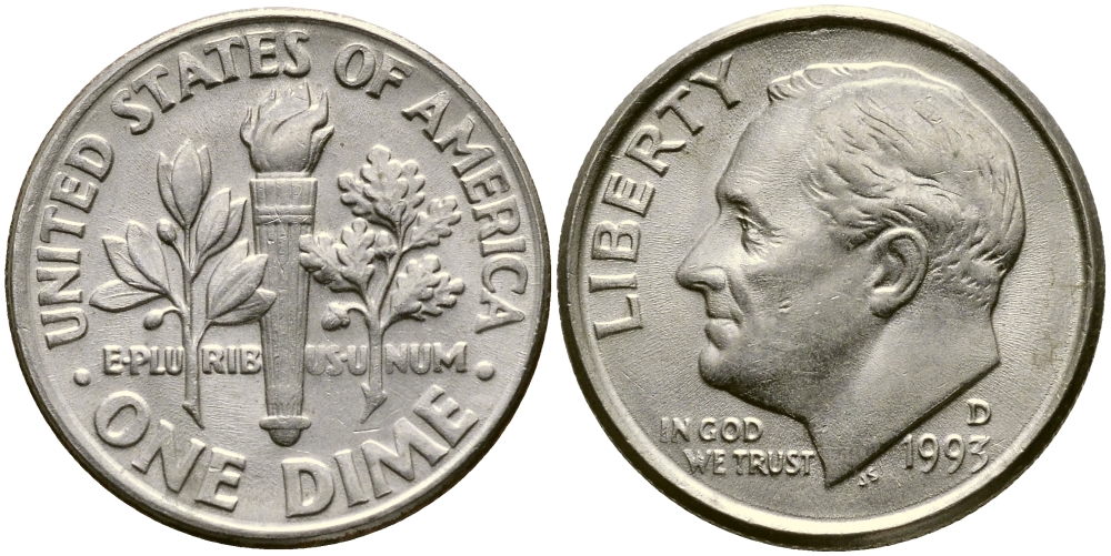 США 10 ЦЕНТОВ = 1 ДАЙМ 1993 D, РУЗВЕЛЬТ KM 195а медь плакированная медно-никелем 46-1162