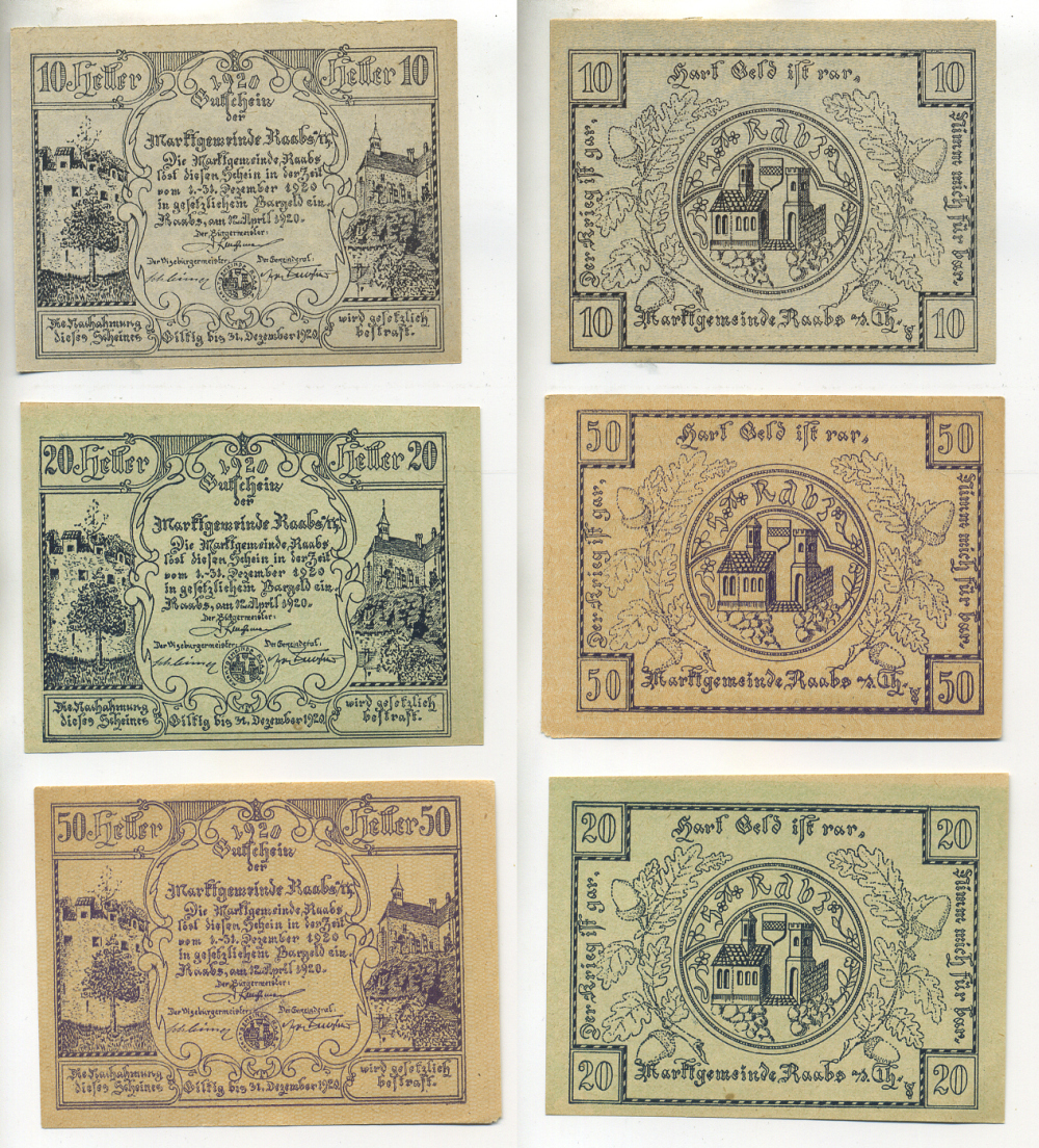 Австрия набор из 3 банкнот 1920 12 апреля 1920-31 декабря 1920, нотгельд, 10, 20, 50 геллеров, RAABS am der ZEIT   бумага  aUNC  7555-9-3-1