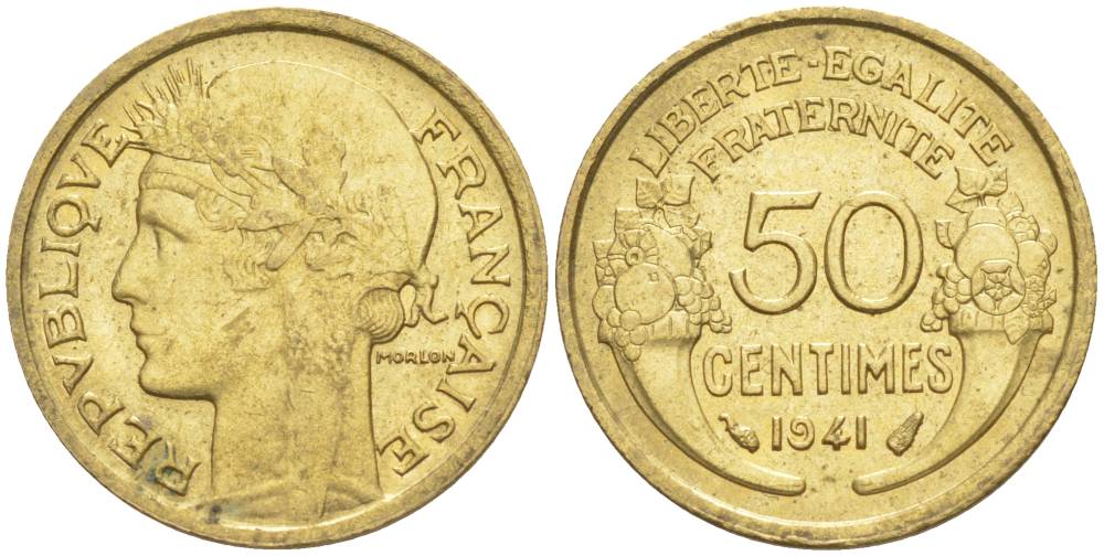 ФРАНЦИЯ 50 САНТИМОВ 1941 ТИП MORLON KM 894.1, LE FRANC 192.18 алюминиевая бронза 44-446