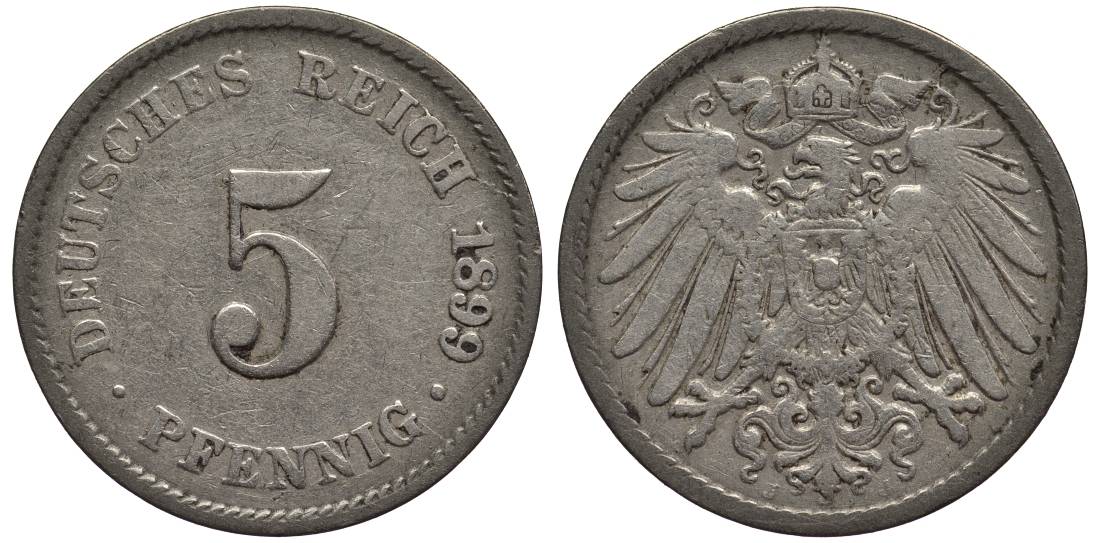 ГЕРМАНИЯ 5 ПФЕННИГОВ 1899 J KM 11, Jager 12, Weege 6 медно-никель 4547-367