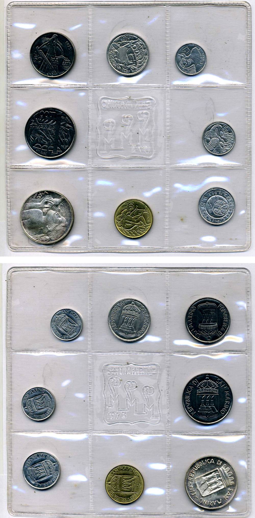Сан-Марино годовой набор из 8 монет 1973 1, 2, 5, 10, 20, 50, 100 и 500 лир ребёнок держит голубя KM 22-29, в оригинальной пластиковой запайке серебро KM MS2 серебро UNC 3-4-5-26