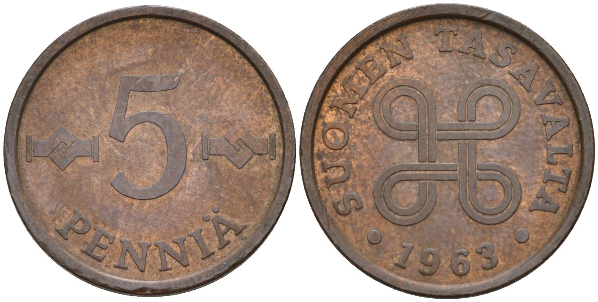 Финляндия 5 пенни 1963 KM 45 медь 4152-546