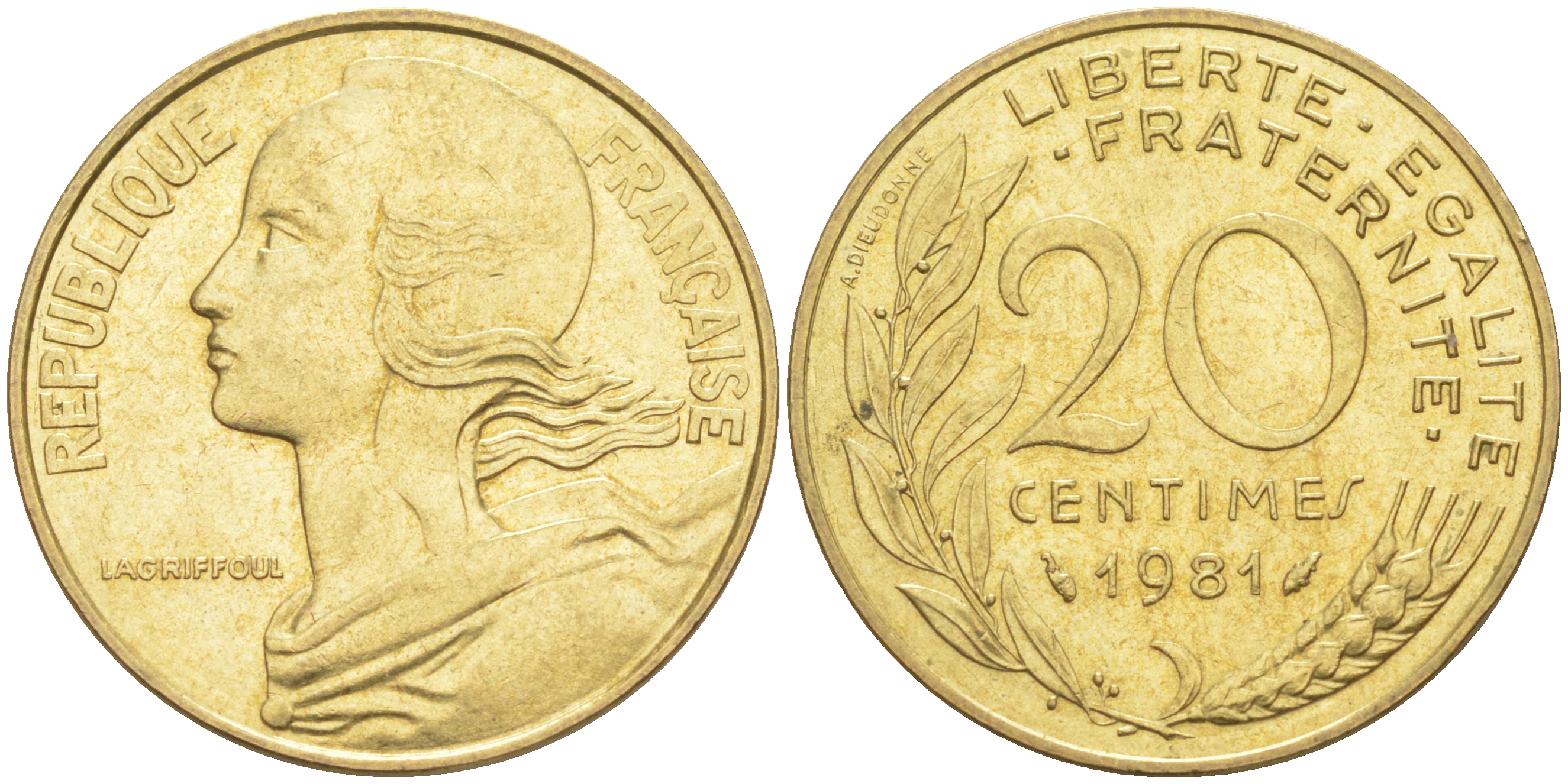 Франция 20 сантимов 1981 тип Marianne KM 930, Le Franc 156.21 медь алюминий никель 4513-423