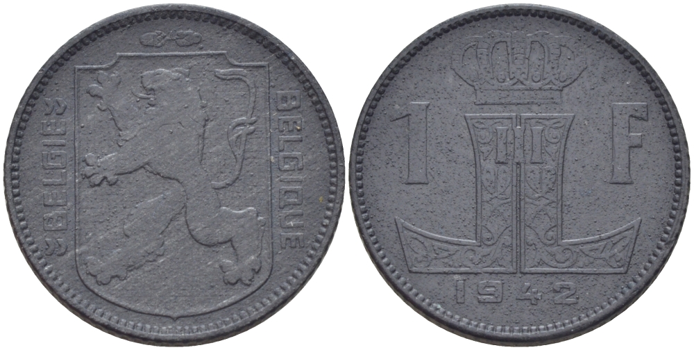 БЕЛЬГИЯ 1 ФРАНК 1942 BELGIE-BELGIQUE, ГЕРМАНСКАЯ ОККУПАЦИЯ KM 128 цинк 31-1237