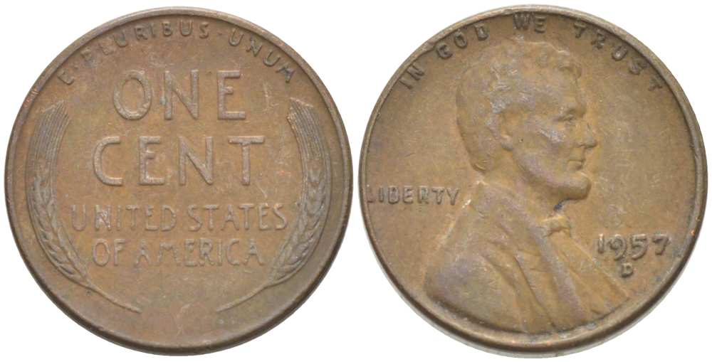 США 1 ЦЕНТ 1957 D, ЛИНКОЛЬН KM А132 медь цинк 218-718