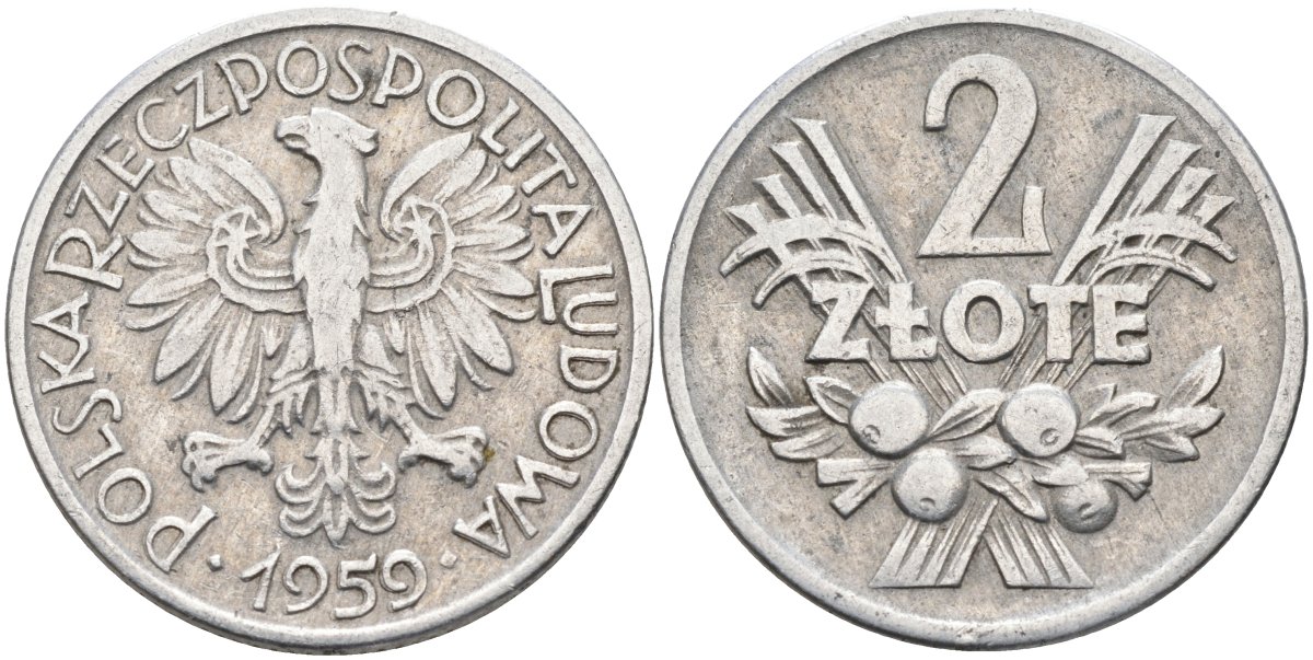 Польша 2 злотых 1959 Народная Республика, монетный двор Кремница KM 46, Parchimowicz 216b алюминий 4397-437