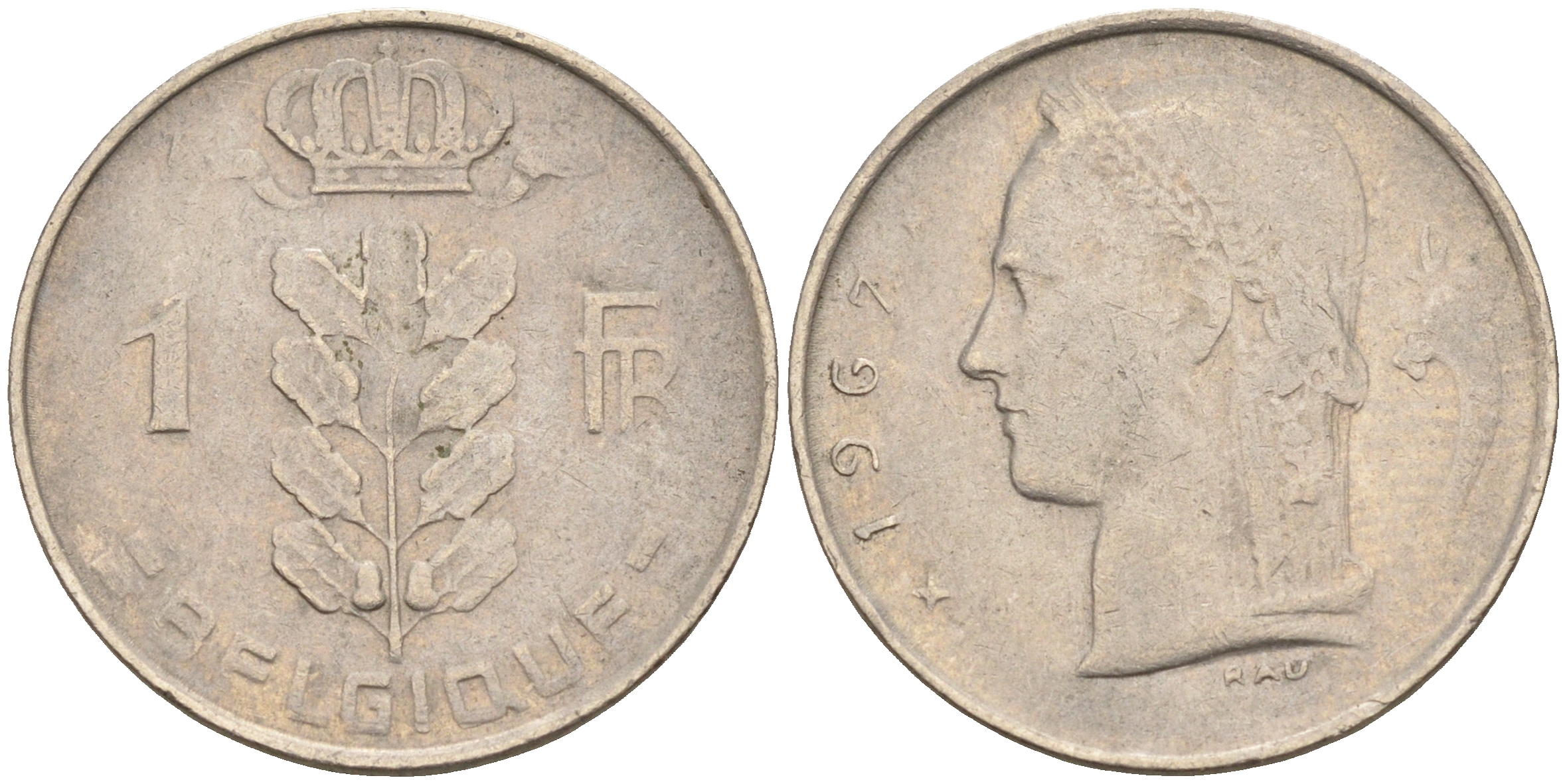 БЕЛЬГИЯ 1 ФРАНК 1967 BELGIQUE KM 143.1 медно-никель 4589-755
