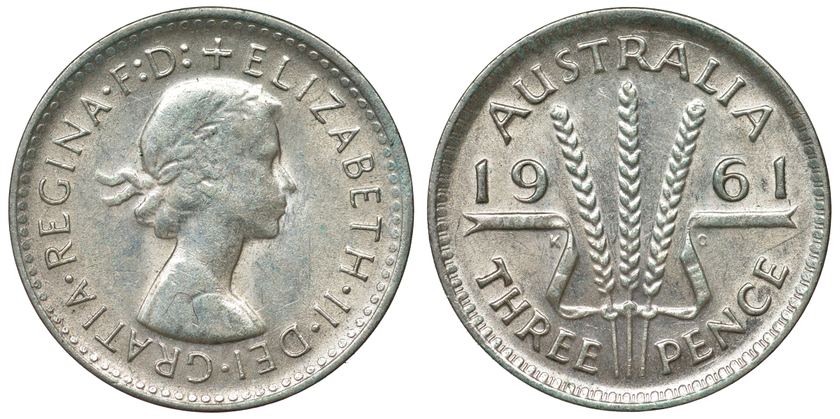 Австралия 3 пенса 1961 m, Елизавета II (1952-2022) KM 57 серебро 71-757
