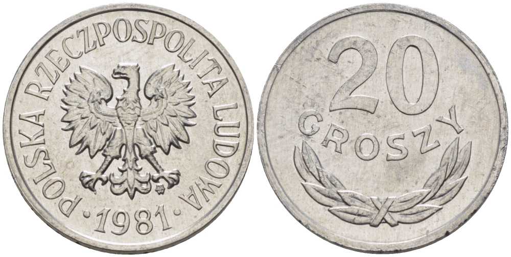 ПОЛЬША 20 ГРОШЕЙ 1981 MW KM А47 алюминий 201-468