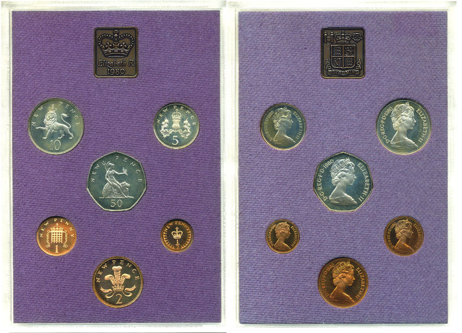 Великобритания официальный набор из 6 монет + жетон монетного двора 1980 в оригинальной пластиковой упаковке KM PS 36   PROOF  7-5-5-26