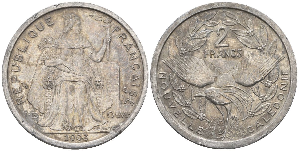 Французская Новая Каледония 2 франка 2003 птица кагу, (IEOM) KM 14, Schoen 11, Lec 68h алюминий    28-935