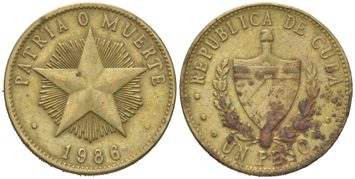 Куба 1 песо 1986 KM 105, Schoen A34 латунь 4395-945