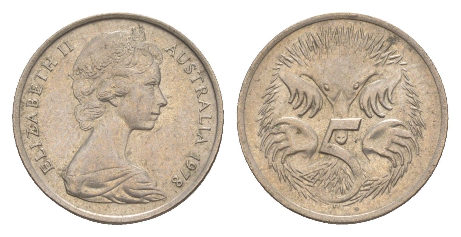 Австралия 5 центов 1978 Елизавета II (1952-2022) молодой портрет, ехидна KM 64 медно-никель 4152-255