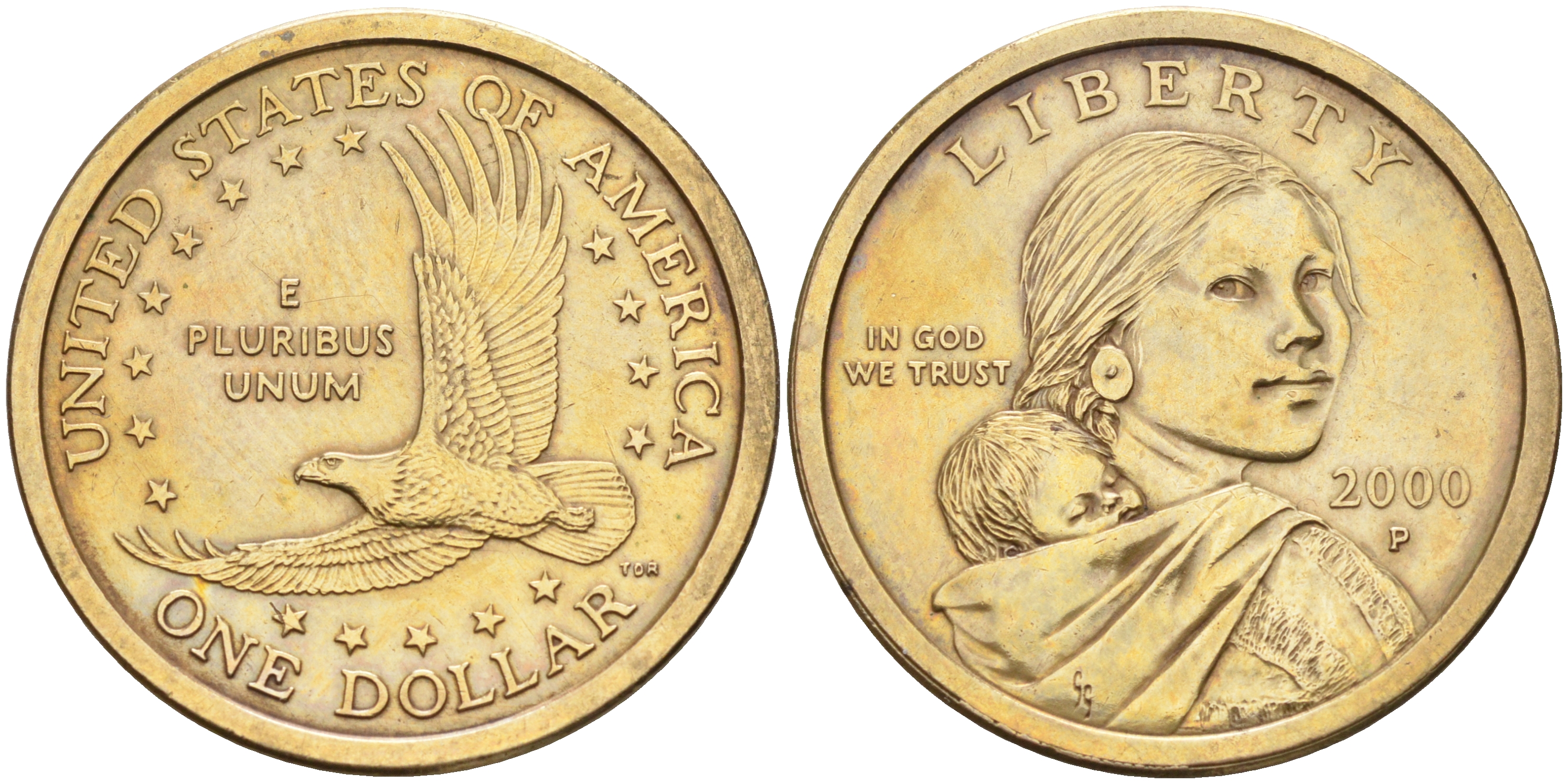 США 1 доллар 2000 Р, индианка Сакагавея KM 310 медь с марганцево-латунным покрытием 63-1117