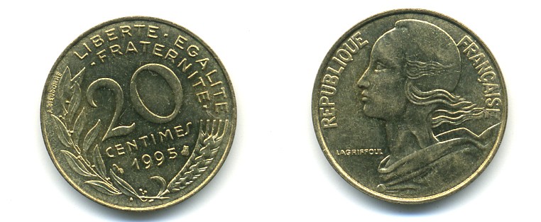 Франция 20 сантимов 1995 тип Marianne KM 930, Le Franc 156.39 медь алюминий никель 25-434