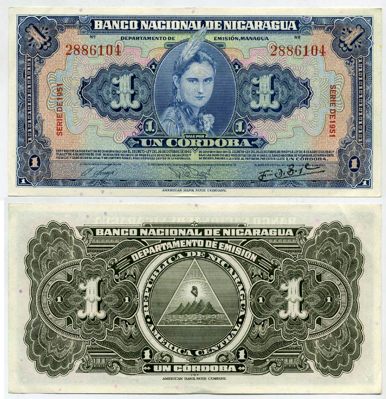 Никарагуа 1 кордоба 1951 индианка Pick 91 b бумага UNC (пресс) 451-181-1
