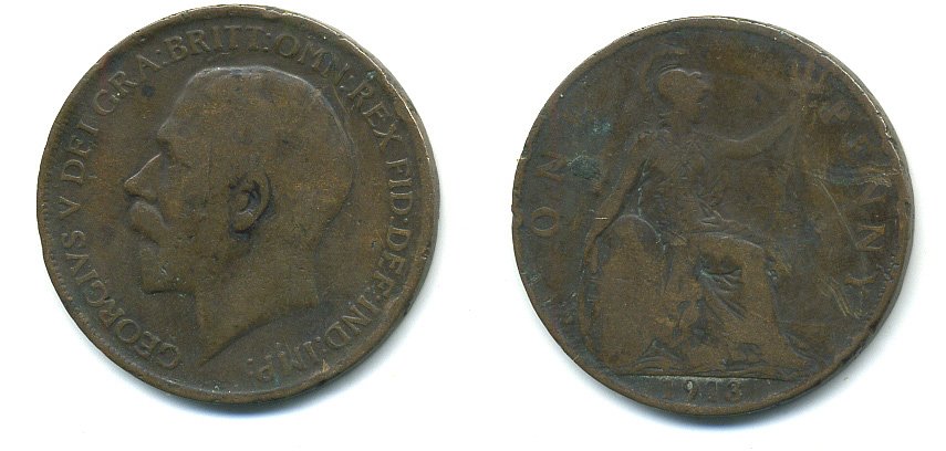 Великобритания 1 пенни 1913 Георг V (1910-1936) КМ 810, Spink 4051 бронза 4110-116
