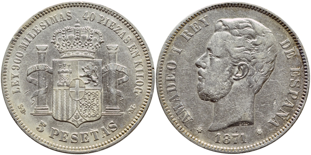 ИСПАНИЯ 5 ПЕСЕТ 1871 (71) SD-M, АМАДЕО I KM 666 серебро 00-00