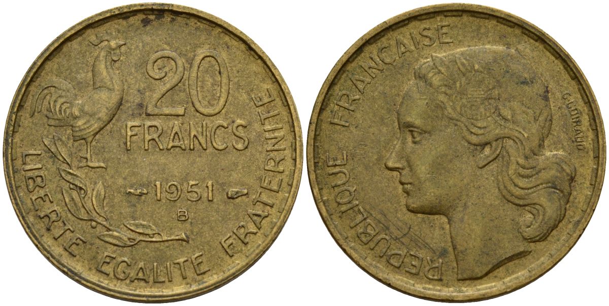 Франция 20 франков 1950 B, петух KM 917.1 алюминиевая бронза 4150-846