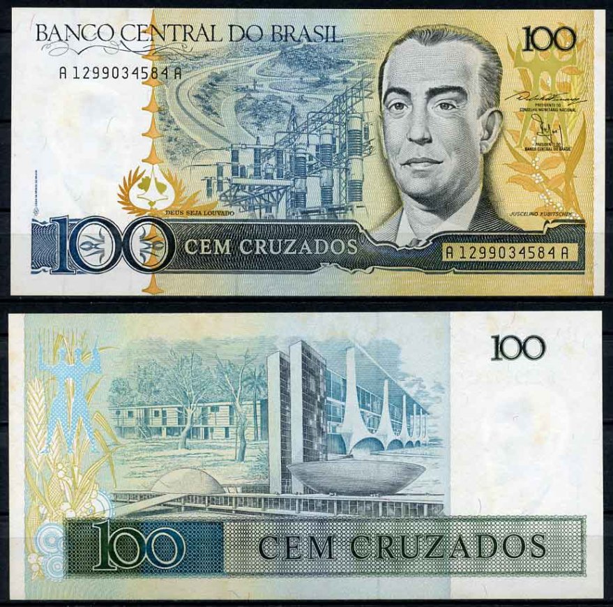 Бразилия 100 крузадо ND (1986-1988) серия A 1299, Жуселину Кубичек Pick 211 b бумага UNC (пресс) 2196-38-2-2