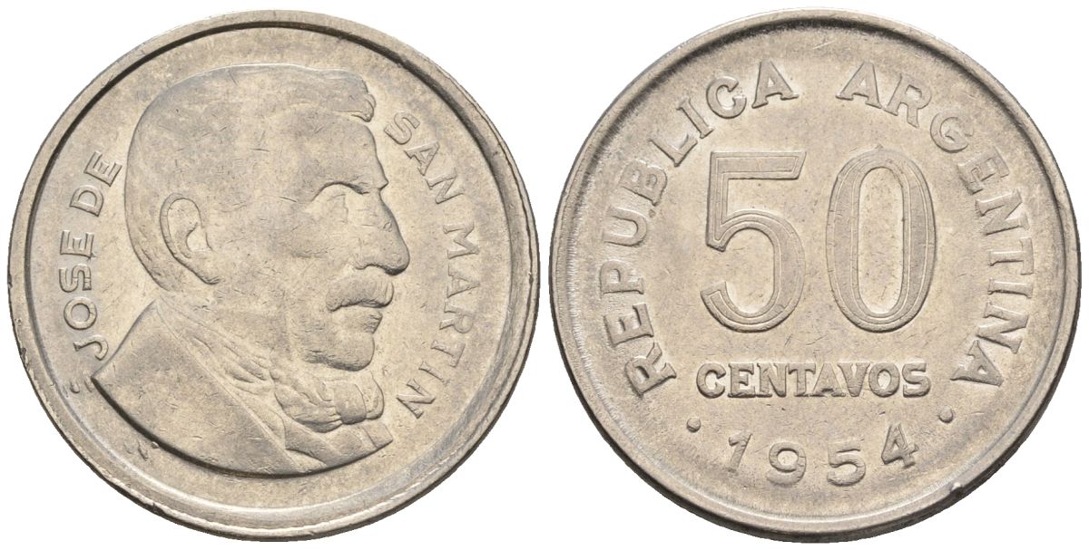 Аргентина 50 сентаво 1954 генерал Хосе де Сан Мартин KM 49, CJ 225, Schon 52 сталь плакированная никелем    60-957