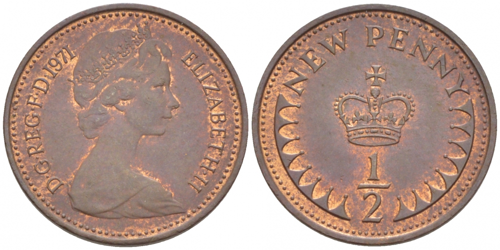 Великобритания 1/2 пенни 1971 Елизавета II (1952-2022) KM 914, Spink 4239 бронза 112-1222