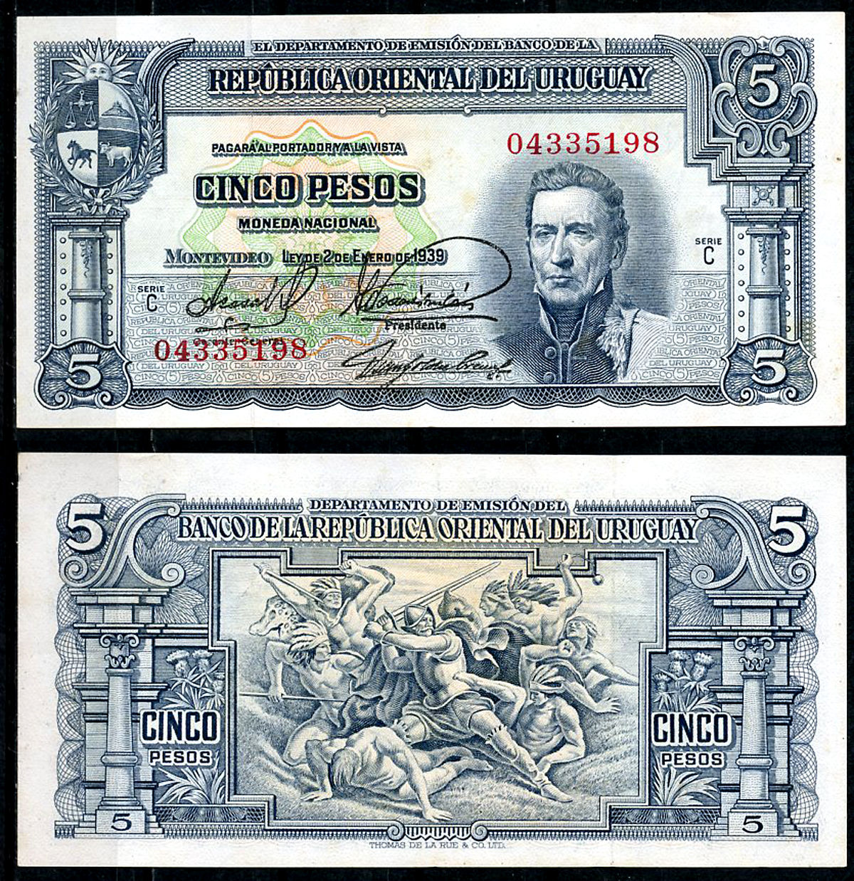 Уругвай 5 песо 1939 Хосе Хервасио Артигас, конкистадор, сражающийся с индейцами, серия С Pick 36 b (1)  бумага 444-130-3-1