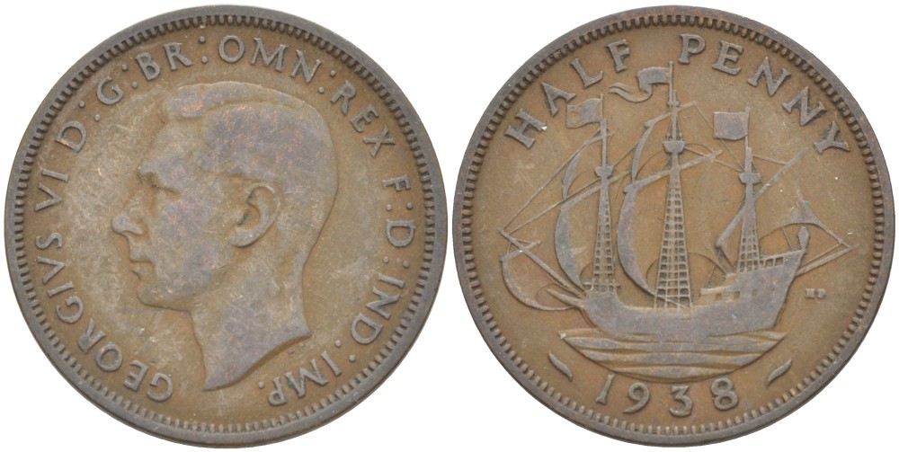 Великобритания 1/2 пенни 1938 Георг VI (1936-1952) KM 844, Spink 4115 бронза 4539-226
