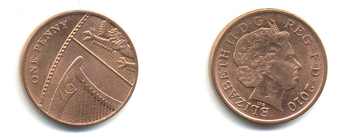 Великобритания 1 пенни 2010 Елизавета II (1952-2022) KM 1107, Spink B6 сталь плакированная медью 177-1232