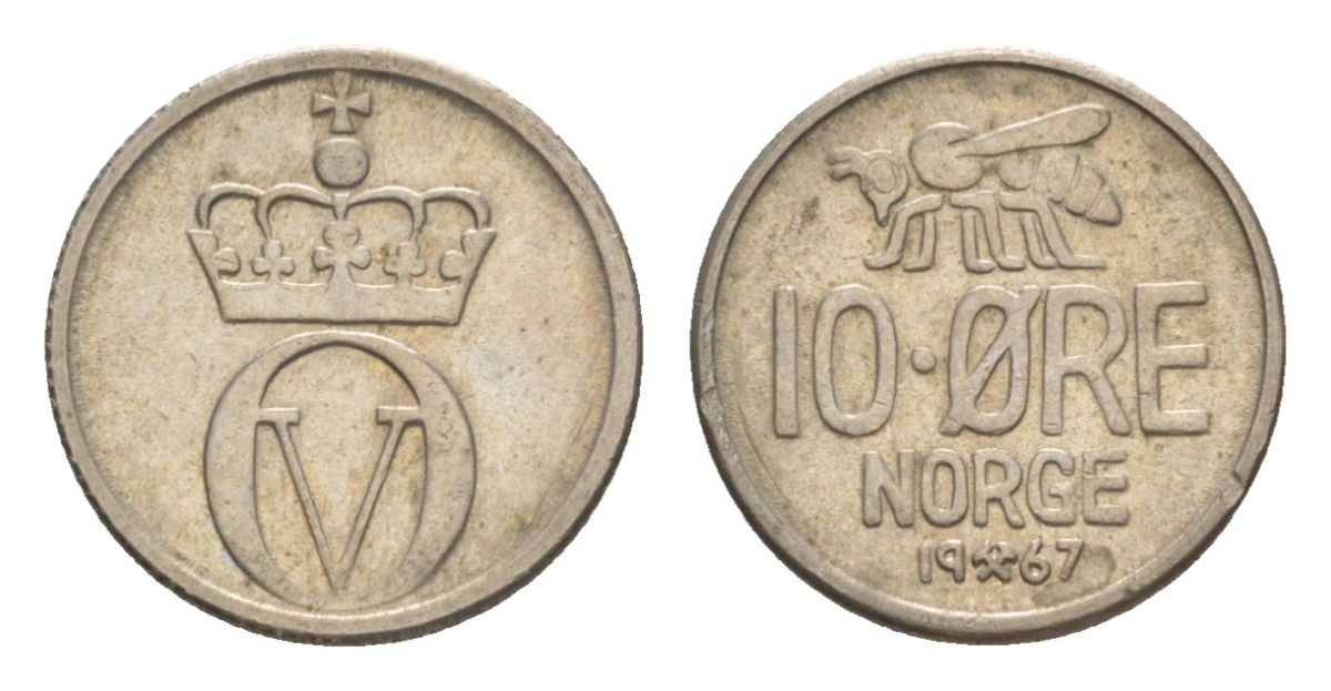 Норвегия 10 эре 1967 Улаф V (1957-1991) KM 411 медно-никель UNC 4632-1154