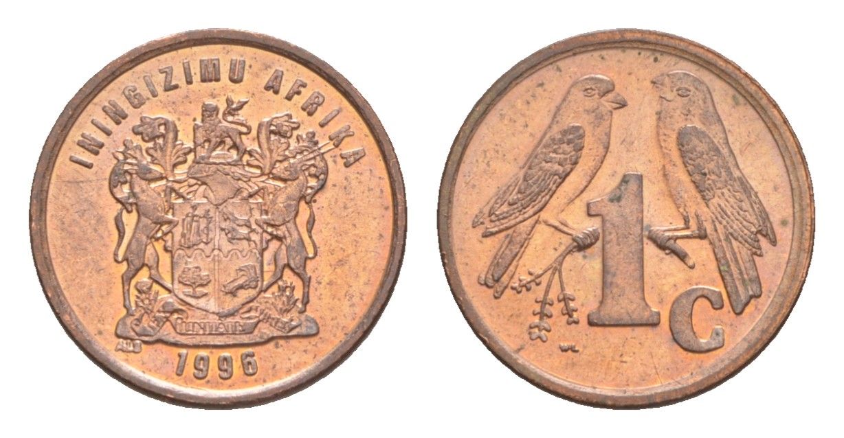 ЮАР 1 цент 1996 герб, капские воробьи KM 158 сталь плакированная медью UNC 4608-1035