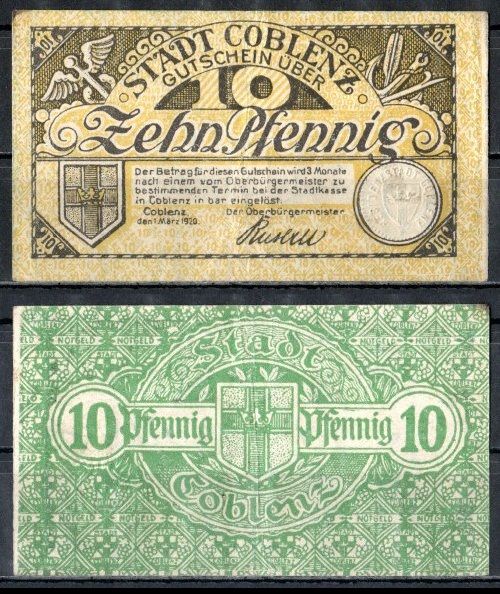 Кобленц (Пруссия, Рейн) 10 пфеннигов 1920 Mehl Grabowski C19.6 бумага 7555-55-4-2