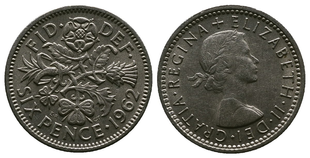 Великобритания 6 пенсов 1962 Елизавета II (1952-2022) KM 903, Spink 4149 медно-никель 4381-738