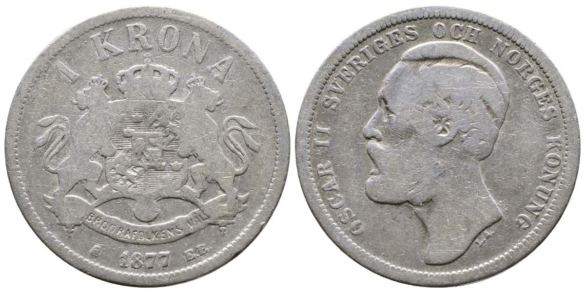 Швеция 1 крона 1877 EB, Оскар II, король Швеции и Норвегии KM 747 серебро 4178-431