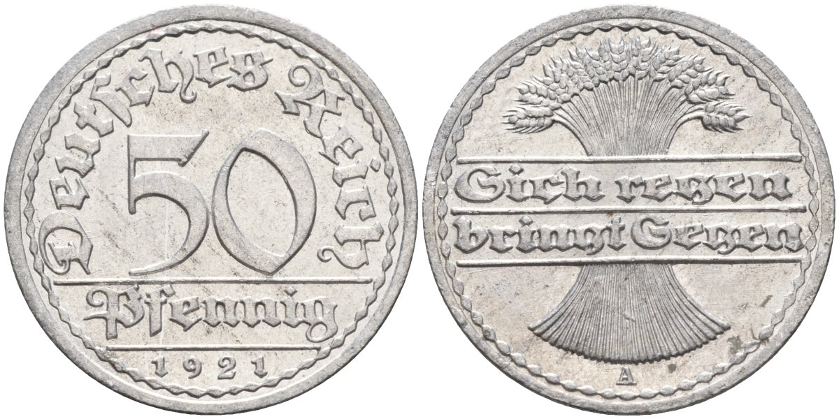 Германия 50 пфеннигов 1921 A KM 27, J.301, Weege 10 алюминий UNC 4584-815