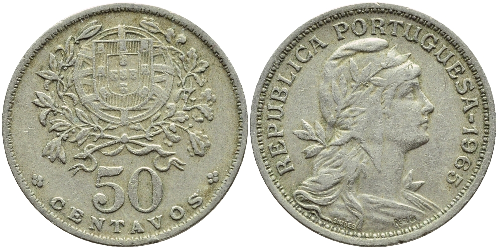 Португалия 50 сентаво 1965 KM 577 медно-никель 4395-757
