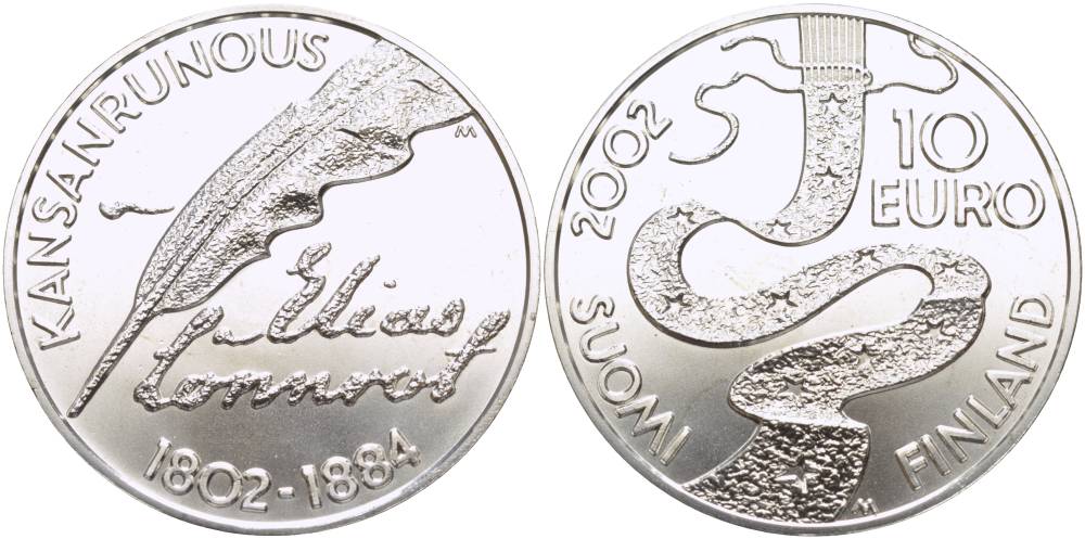 Финляндия 10 евро 2002 Элиас Леннрот, лингвист KM 108 серебро UNC 1084-9-22