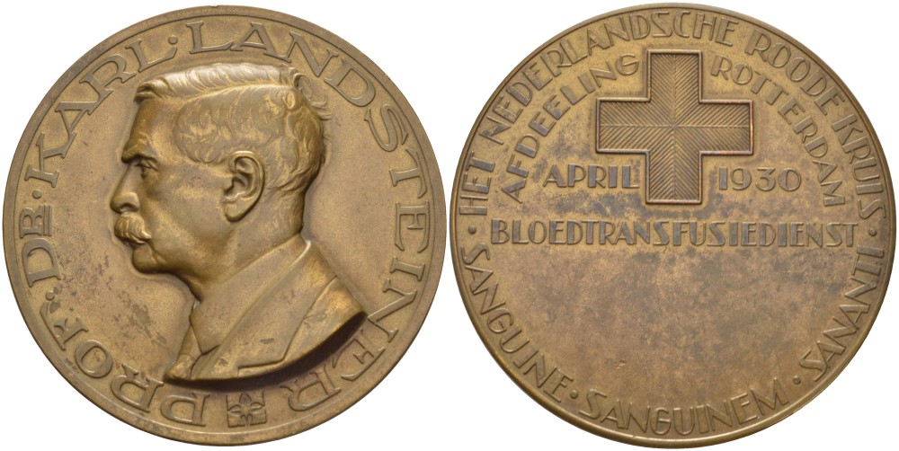 Нидерланды медаль ND профессор, доктор Карл Ландштейнер (1868-1943), лауреат Нобелевской премии, за открытие групп крови, нидерландское общество Красного креста, пеликан, диаметр 50 мм.  бронза 1089-5-31