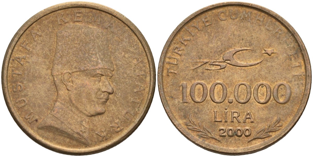 Турция 100000 лир 2000 75 лет республике, Мустафа Кемаль Ататюрк KM 1078 медь никель цинк 4143-1154